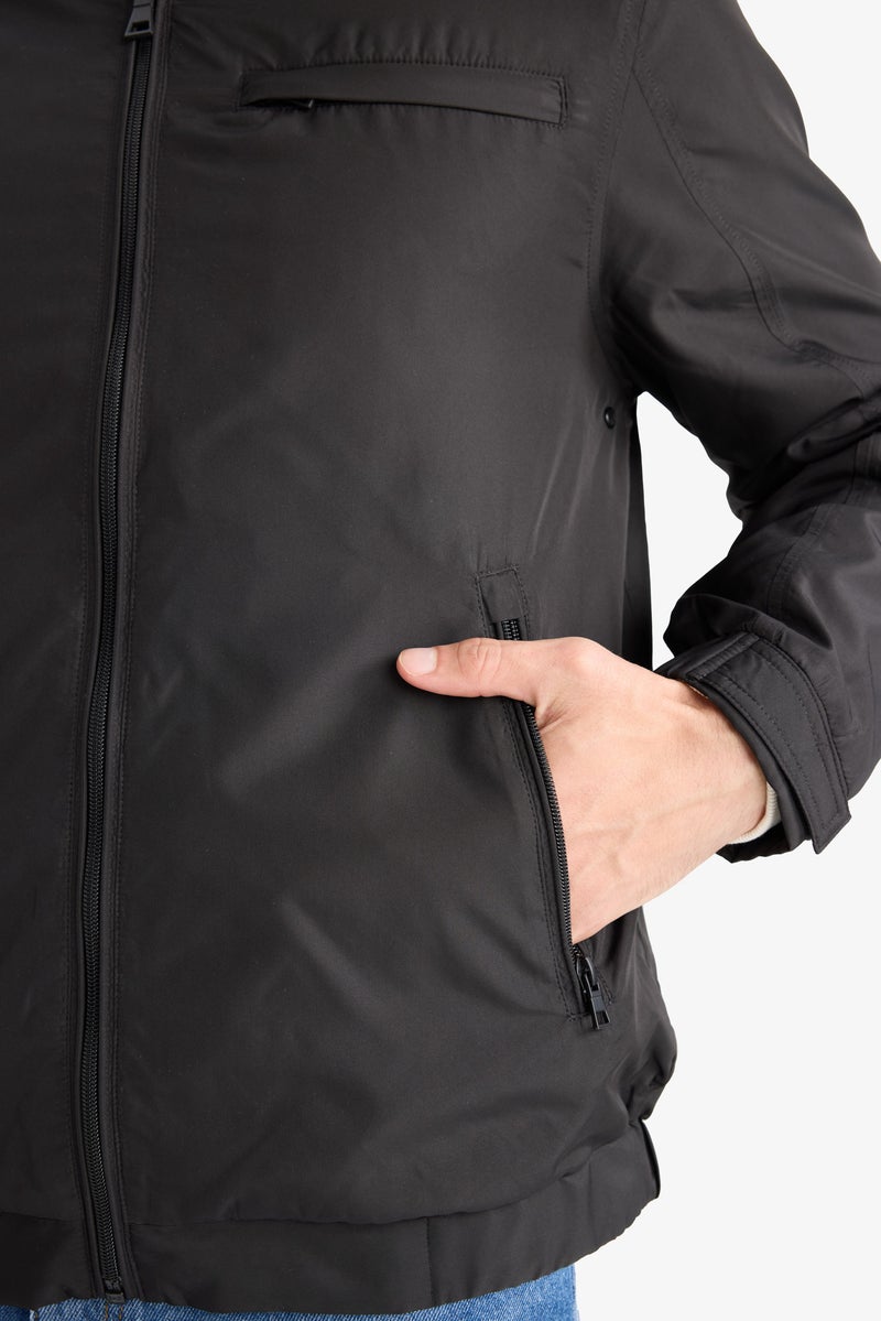 DeFacto Black Man Regular Fit Stand Collar Lined Hidden Hood Zippered Waterproof Jacket Casual - Image 5